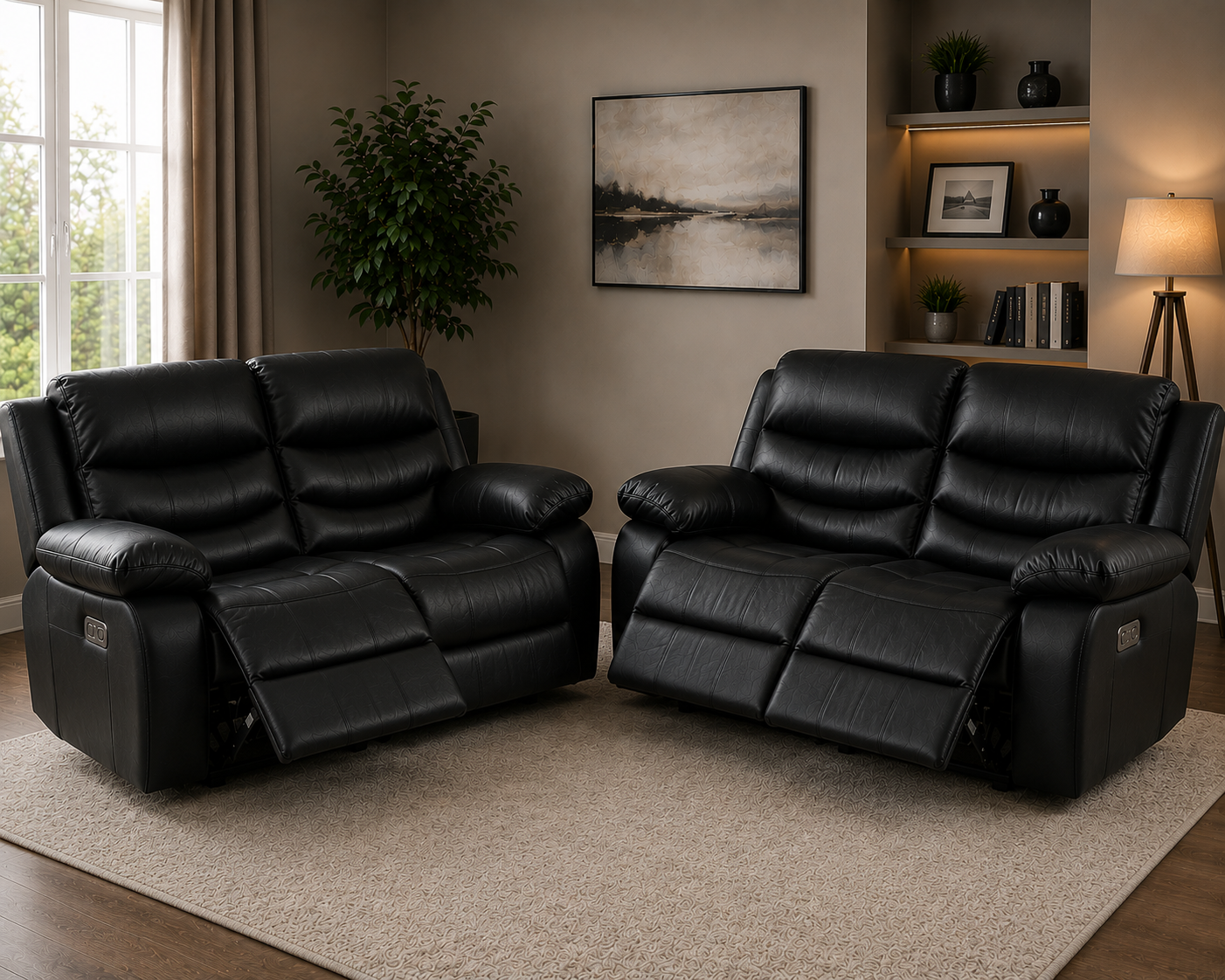 Elegance Soft Furnishings Black Leather Aire 2C2 Recliner Corner Sofa Suite