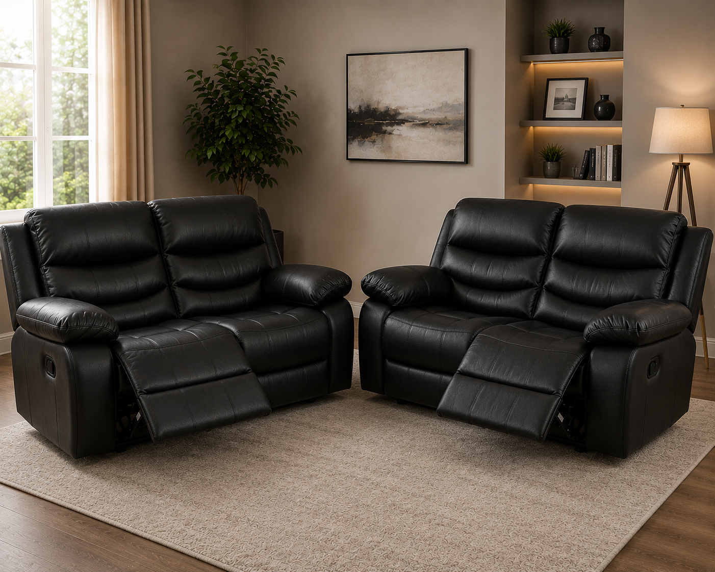 Elegance Soft Furnishings Black Leather Aire 2C2 Recliner Corner Sofa Suite