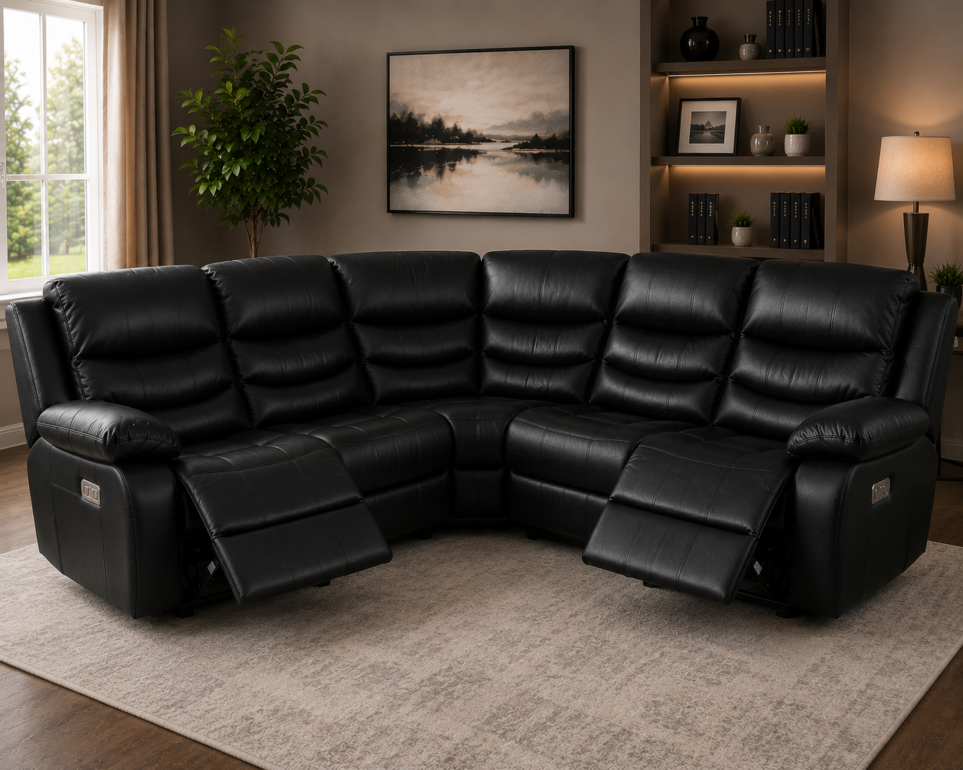 Elegance Soft Furnishings Black Leather Aire 2C2 Recliner Corner Sofa Suite