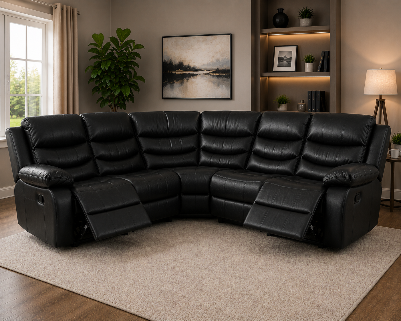 Elegance Soft Furnishings Black Leather Aire 2C2 Recliner Corner Sofa Suite