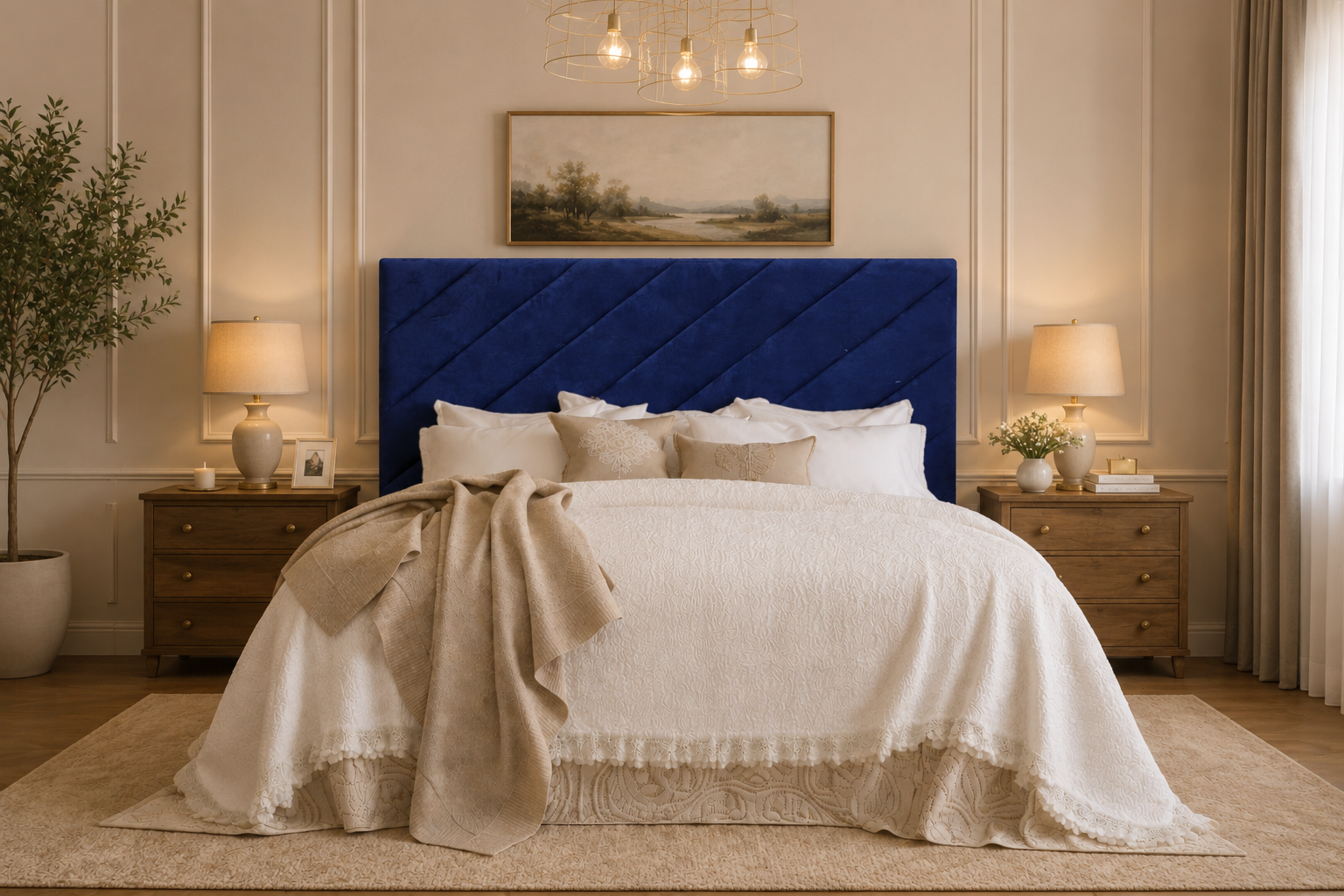 Elegance Soft Furnishing Blush Luxe Velvet Upholstered Headboard with Diagonal Panel Design