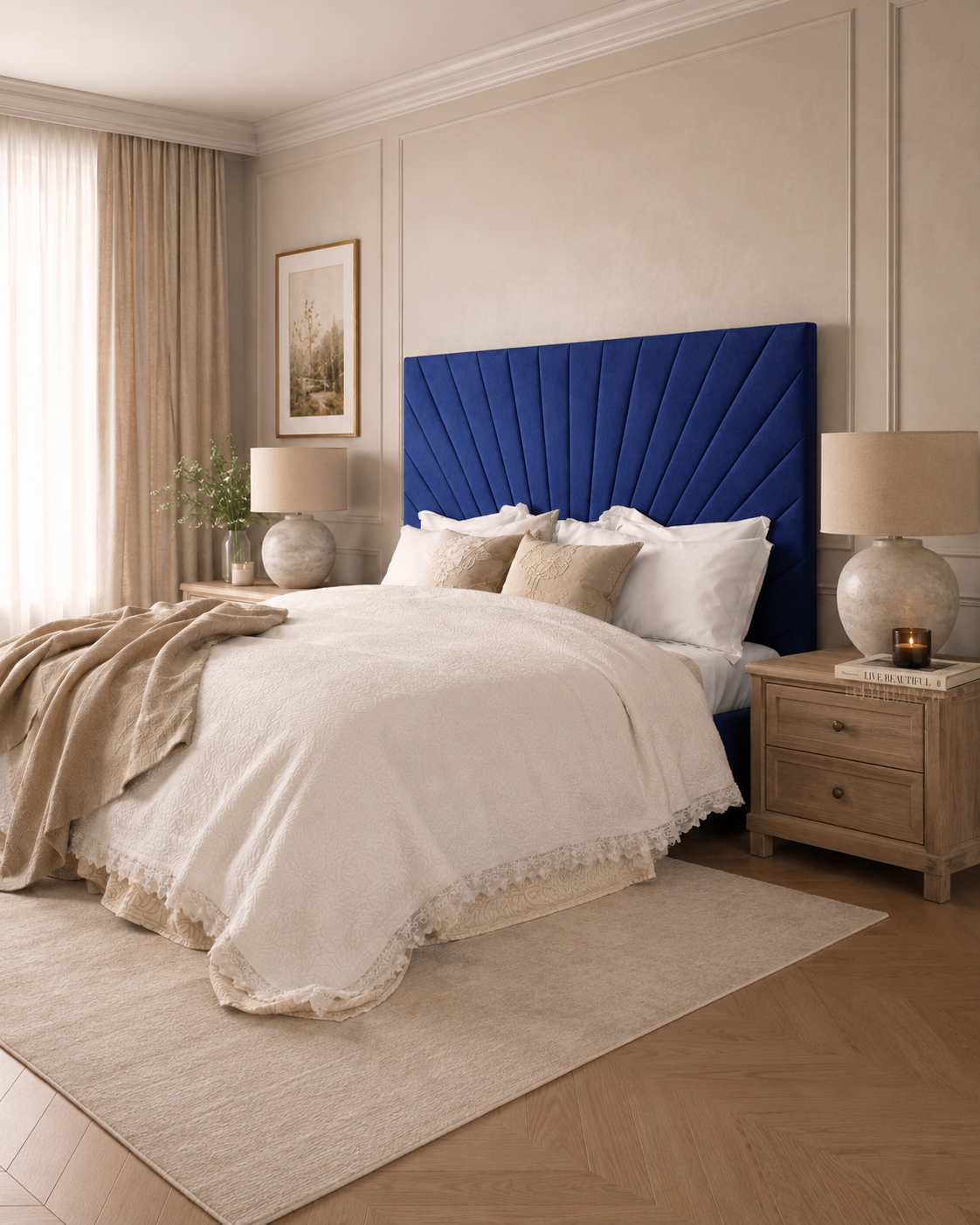 Elegance Soft Furnishings Slate Grey Velvet Upholstered Headboard with Fan Panel Design