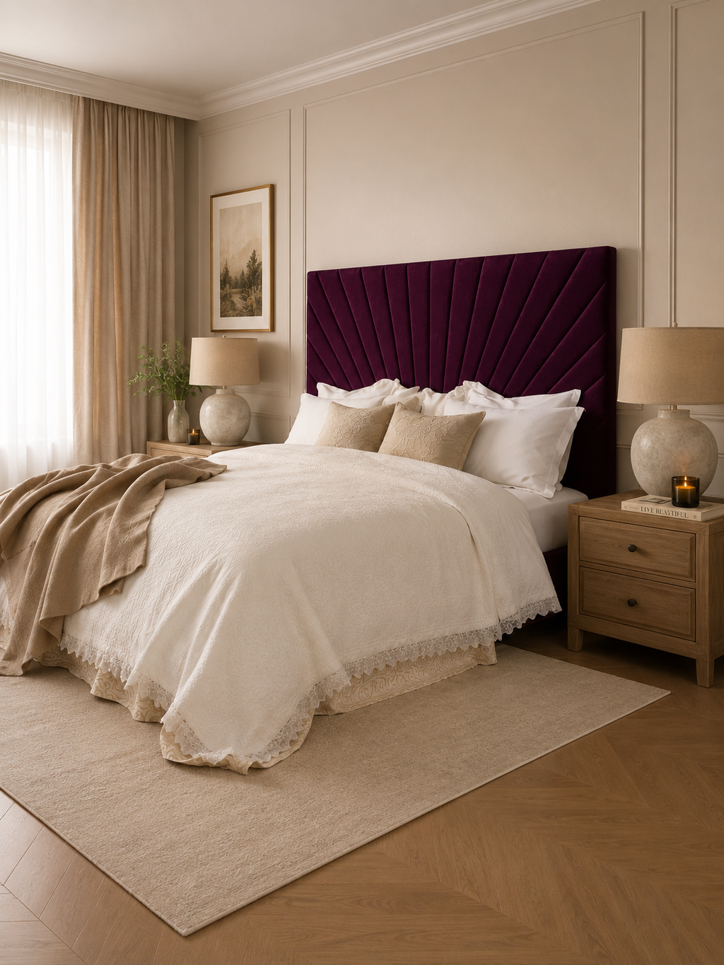 Elegance Soft Furnishings Slate Grey Velvet Upholstered Headboard with Fan Panel Design