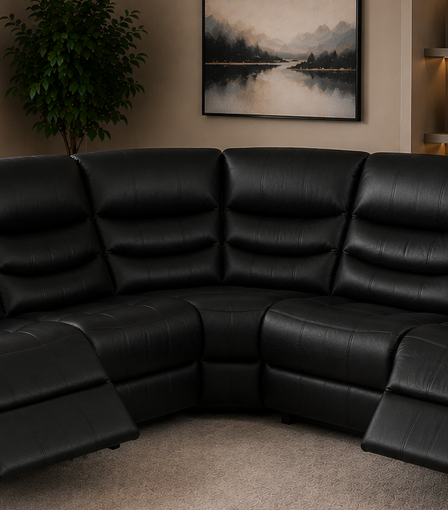 Elegance Soft Furnishings Black Leather Aire 2C2 Recliner Corner Sofa Suite