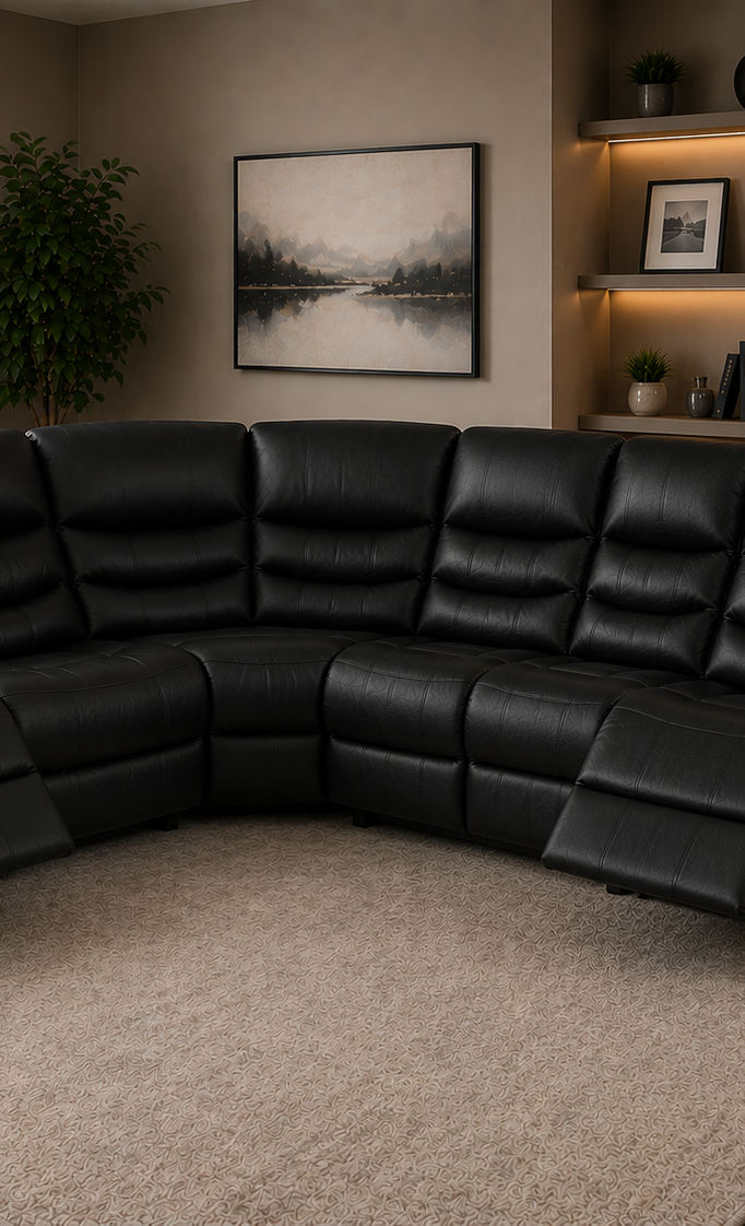 Elegance Soft Furnishings Black Leather Aire 2C2 Recliner Corner Sofa Suite
