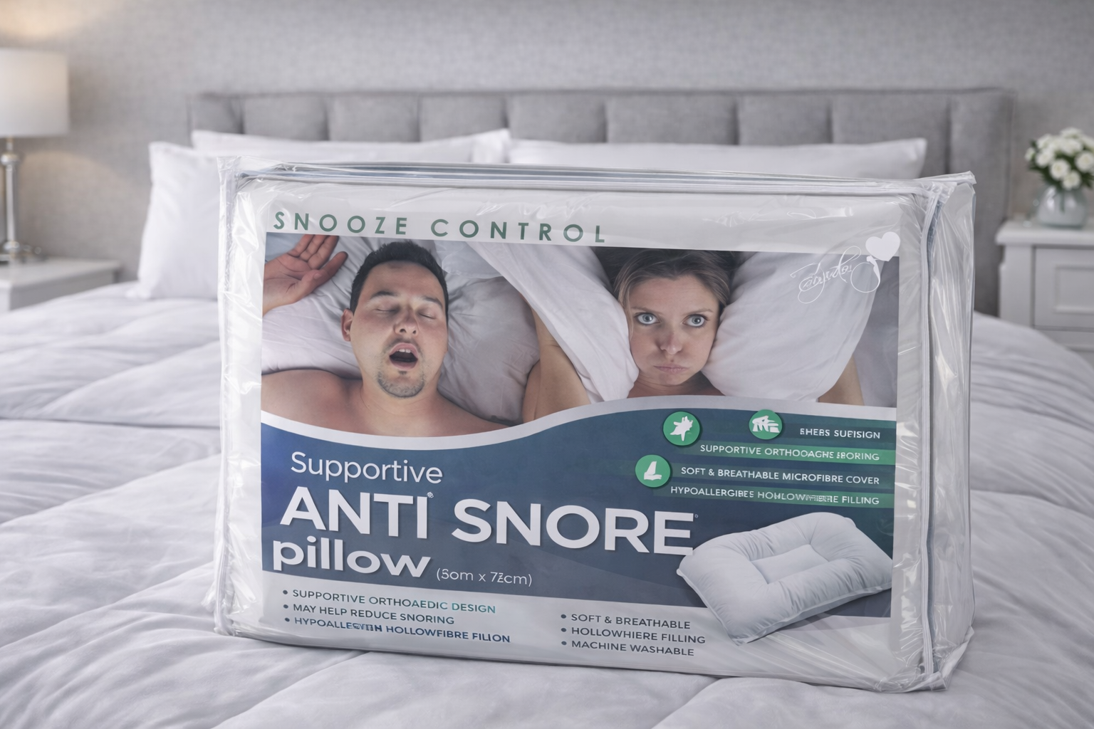 Supportive Anti-Snore Pillow | Microfibre Hollowfibre Pillow | Hypoallergenic Bed Pillow
