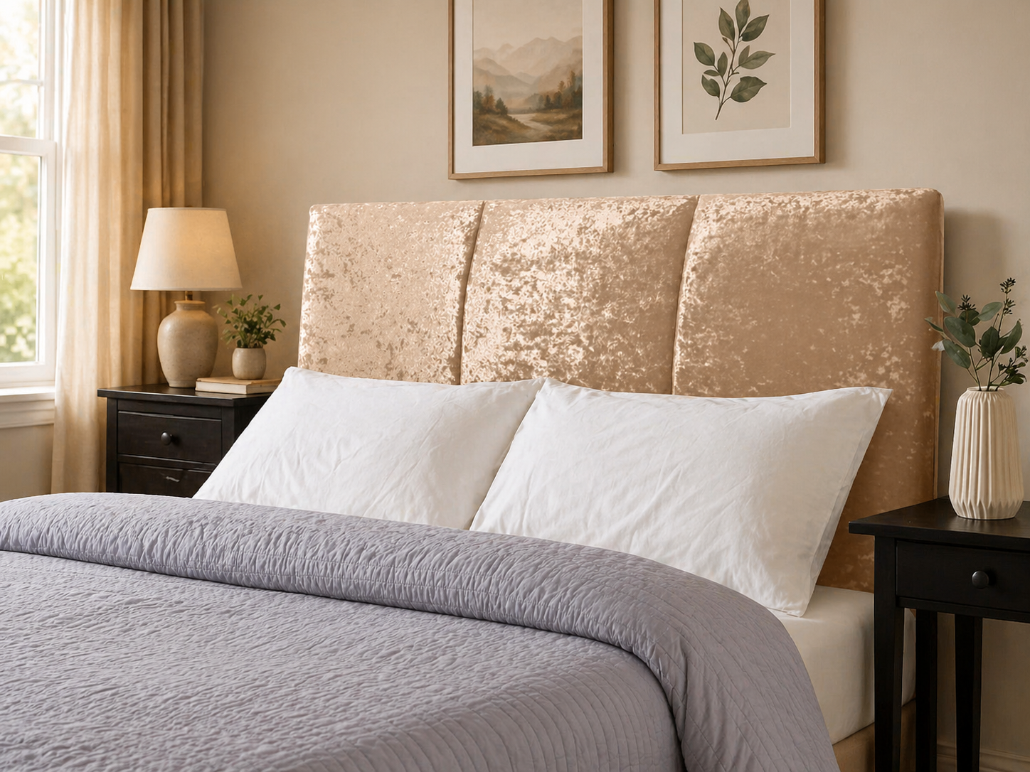 Elegance Soft Furnishings Modern Curved Upholstered Headboard Crushed Velvet Padded Bed Backboard Luxury Panel