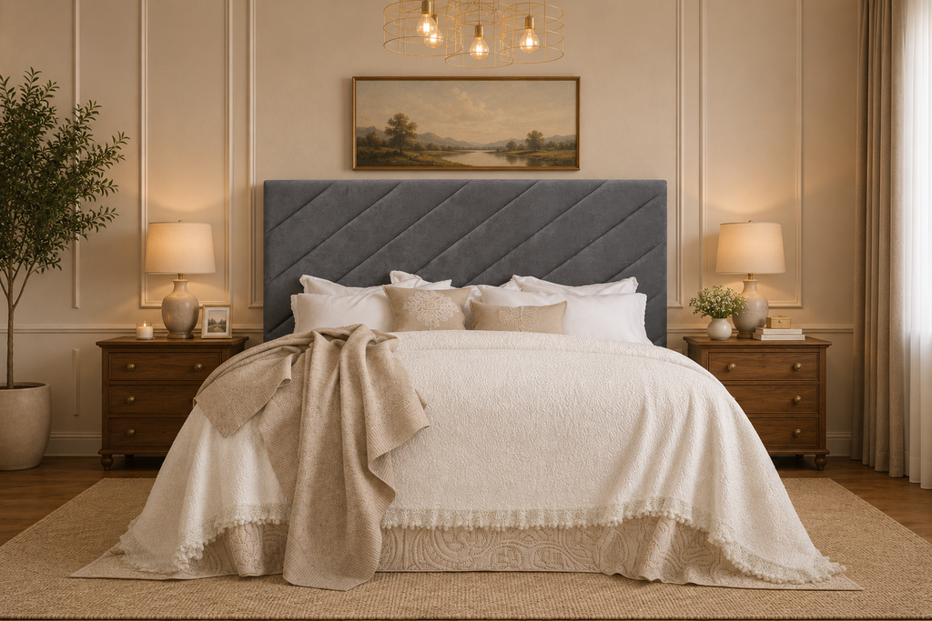 Elegance Soft Furnishing Blush Luxe Velvet Upholstered Headboard with Diagonal Panel Design