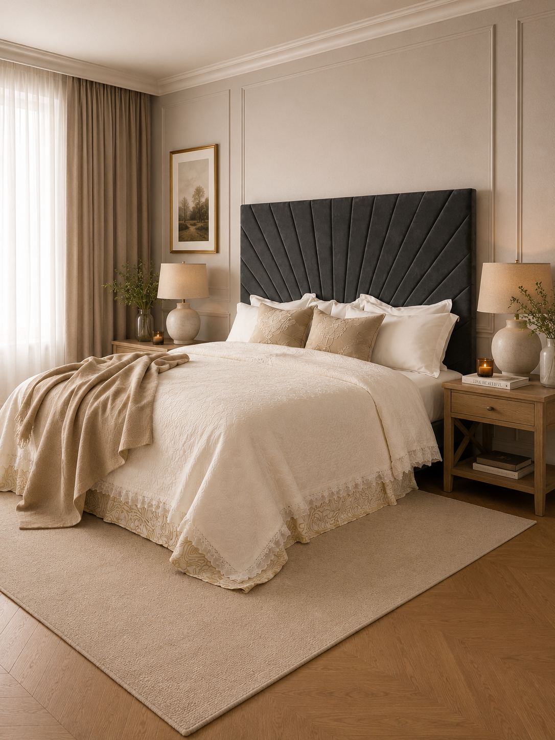 Elegance Soft Furnishings Slate Grey Velvet Upholstered Headboard with Fan Panel Design