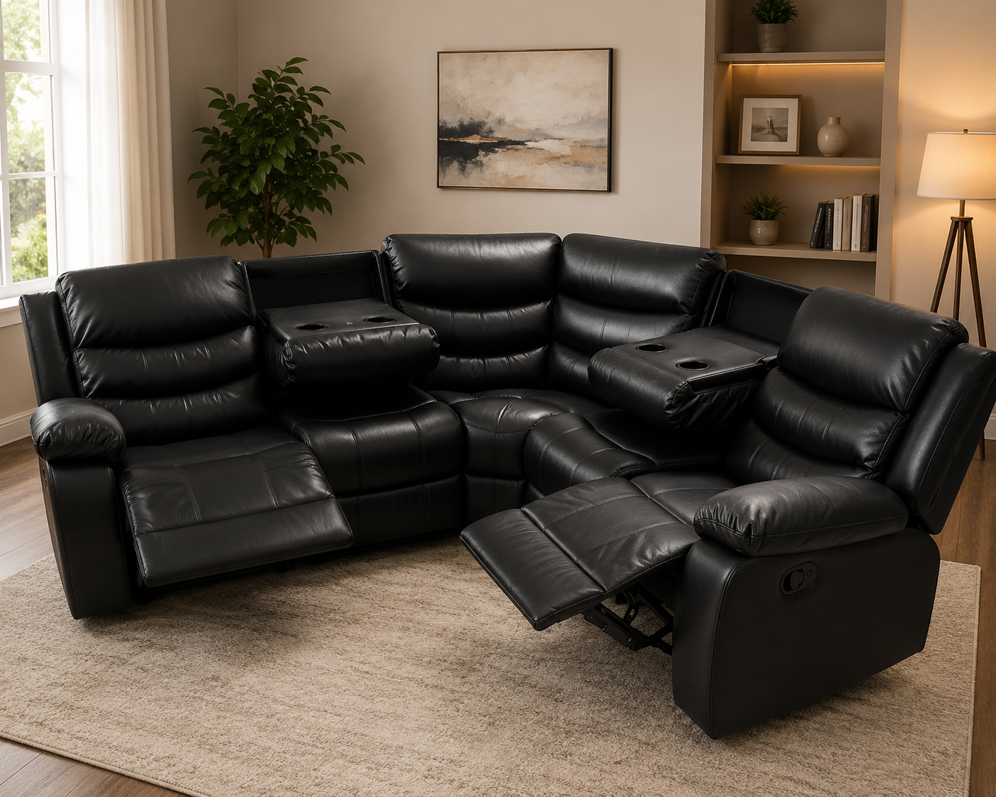 Elegance Soft Furnishings Black Leather Aire 2C2 Recliner Corner Sofa Suite