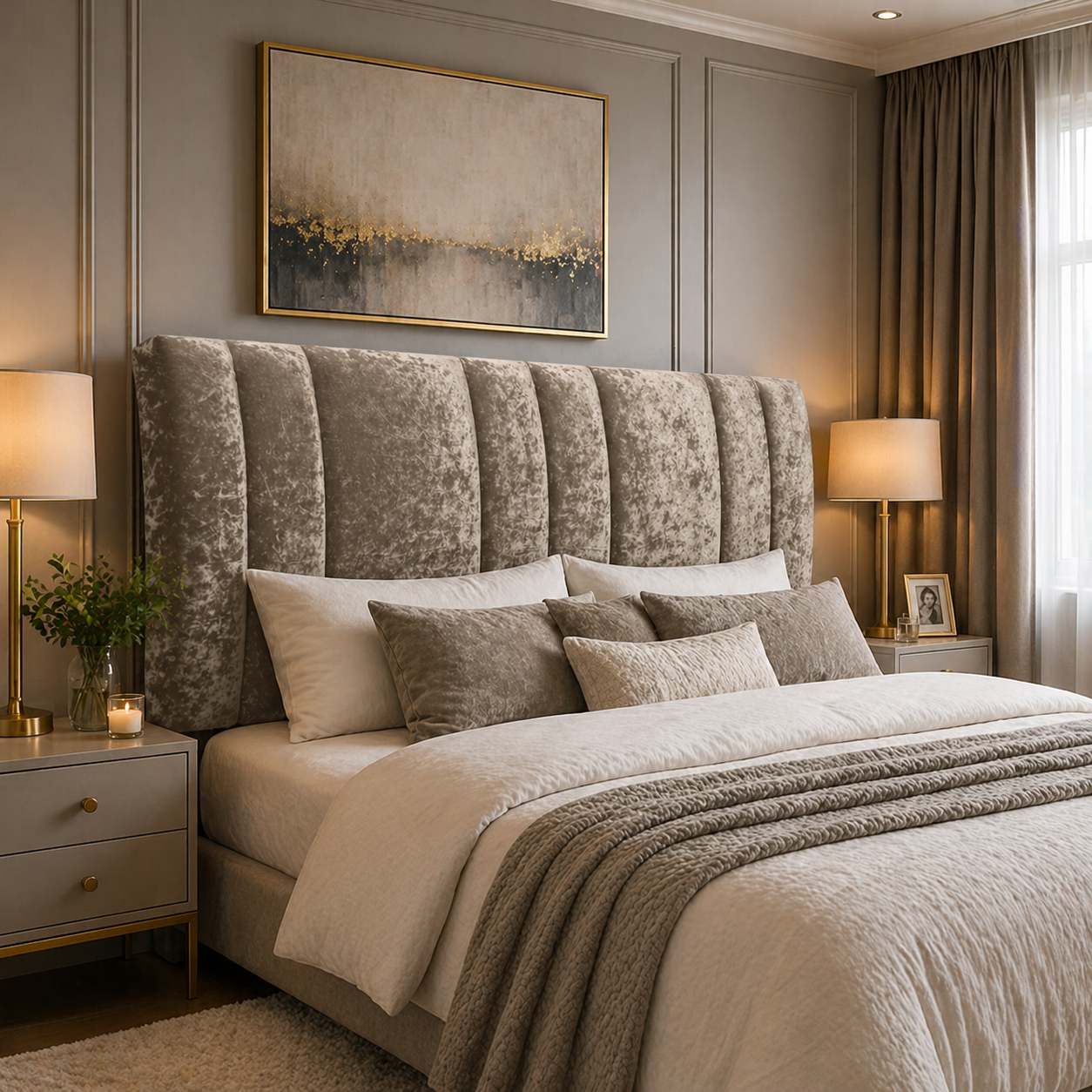 Elegance Soft Furnishings Luxury Winged Upholstered Headboard Crushed Velvet Vertical Panel Padded Bed Backboard
