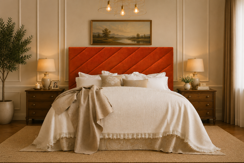 Elegance Soft Furnishing Blush Luxe Velvet Upholstered Headboard with Diagonal Panel Design
