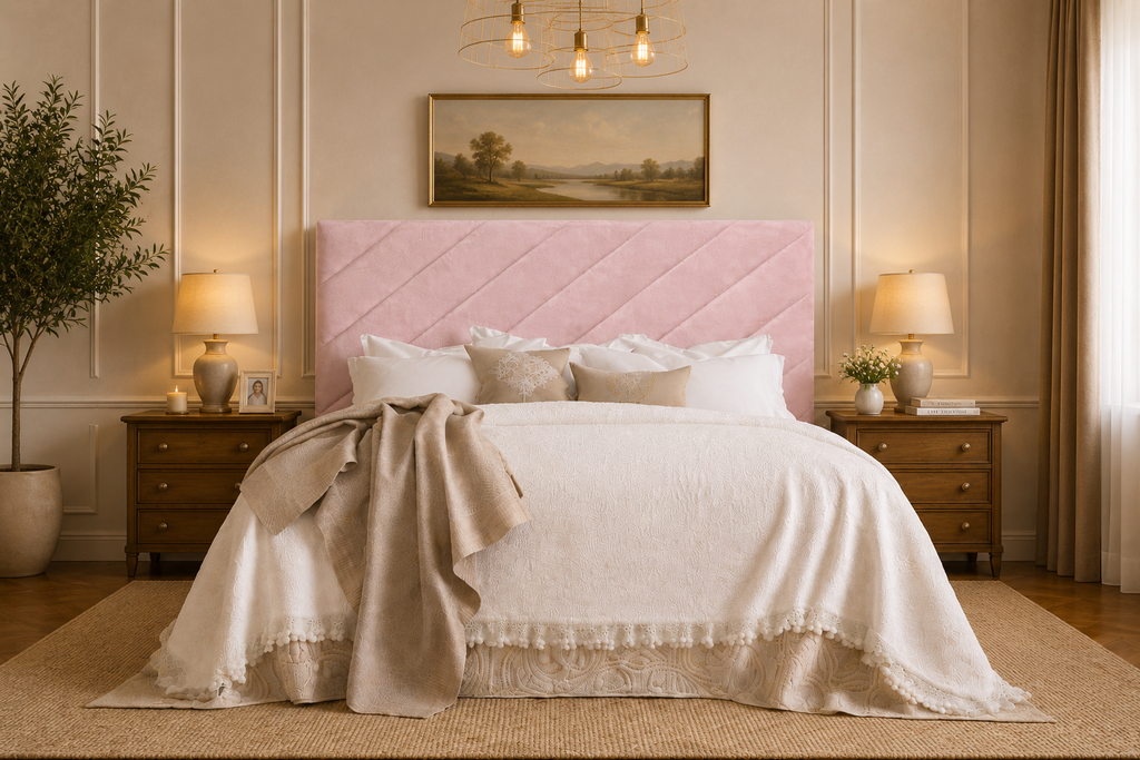 Elegance Soft Furnishing Blush Luxe Velvet Upholstered Headboard with Diagonal Panel Design