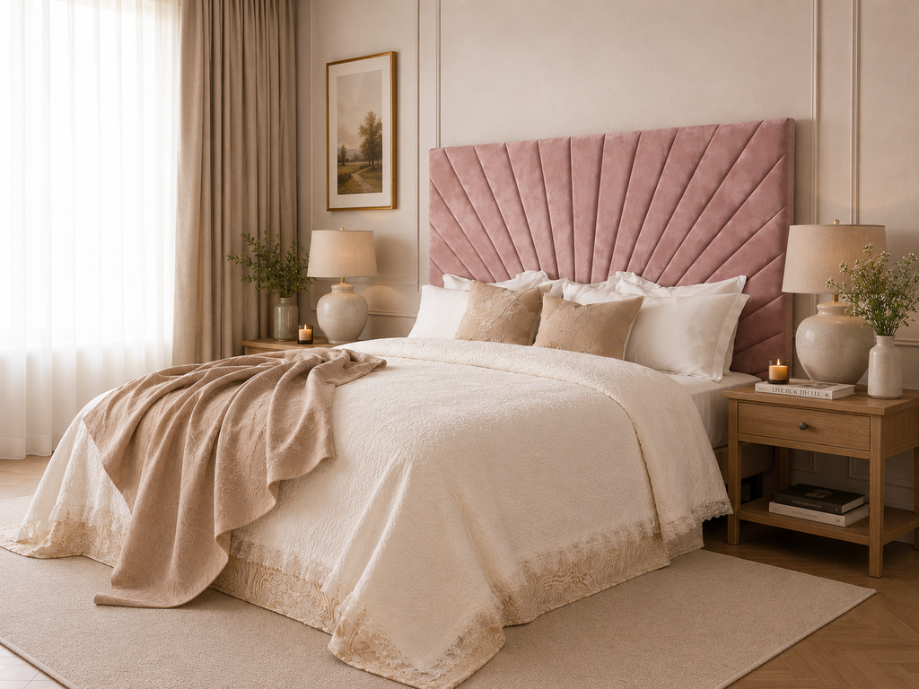 Elegance Soft Furnishings Slate Grey Velvet Upholstered Headboard with Fan Panel Design