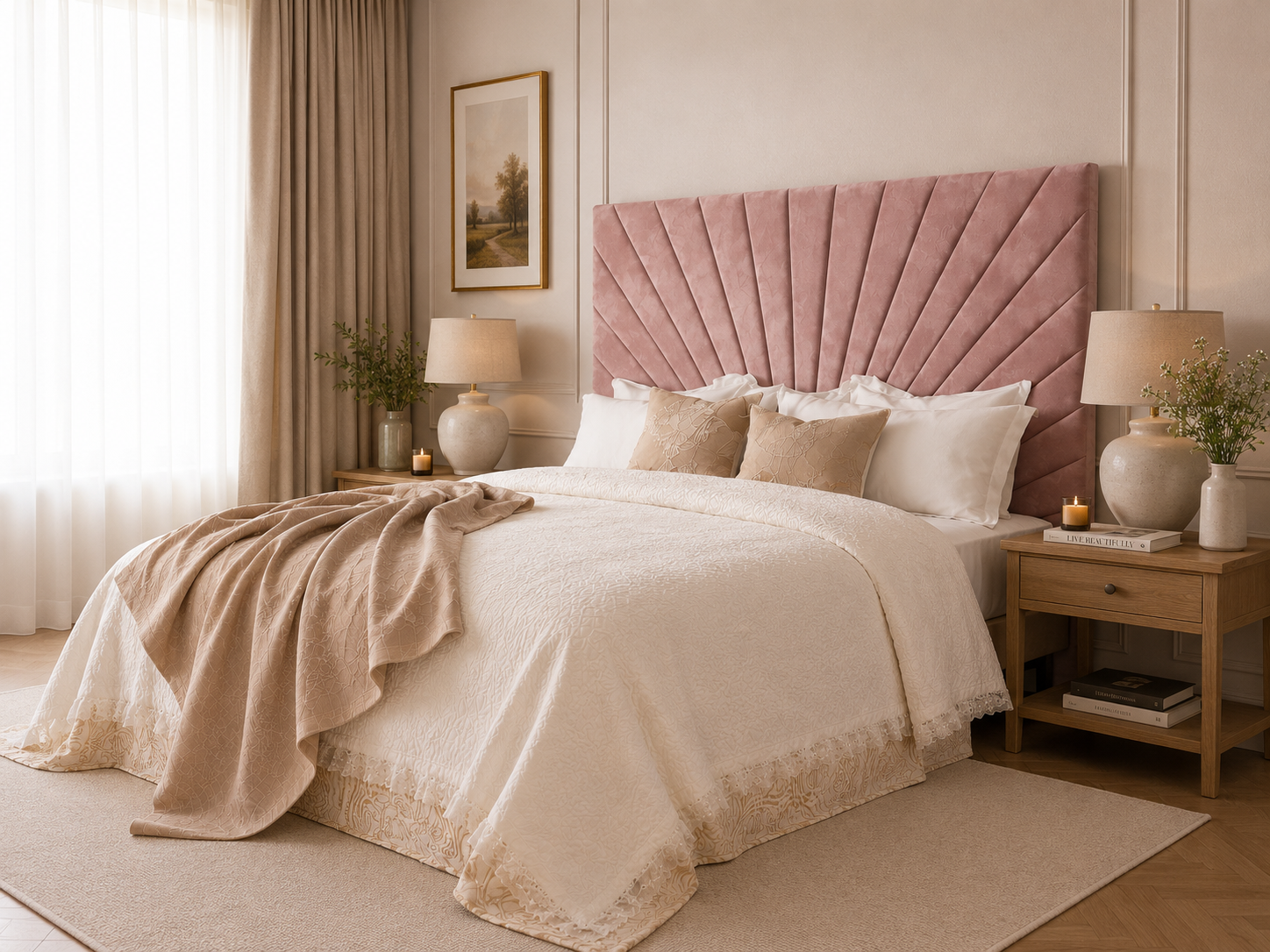 Elegance Soft Furnishings Slate Grey Velvet Upholstered Headboard with Fan Panel Design