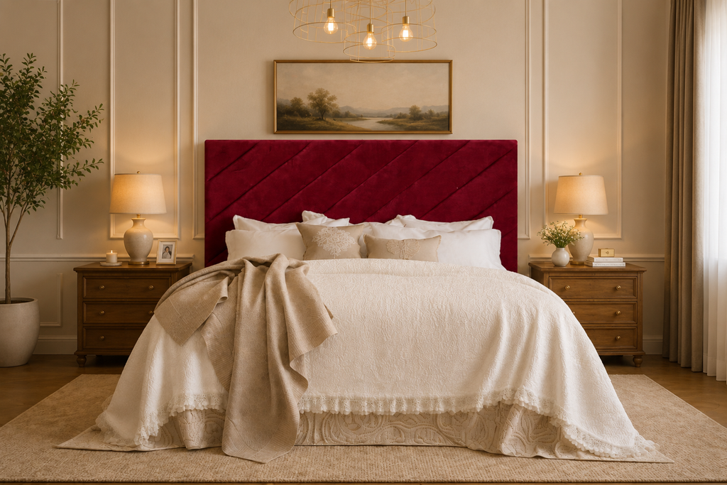 Elegance Soft Furnishing Blush Luxe Velvet Upholstered Headboard with Diagonal Panel Design