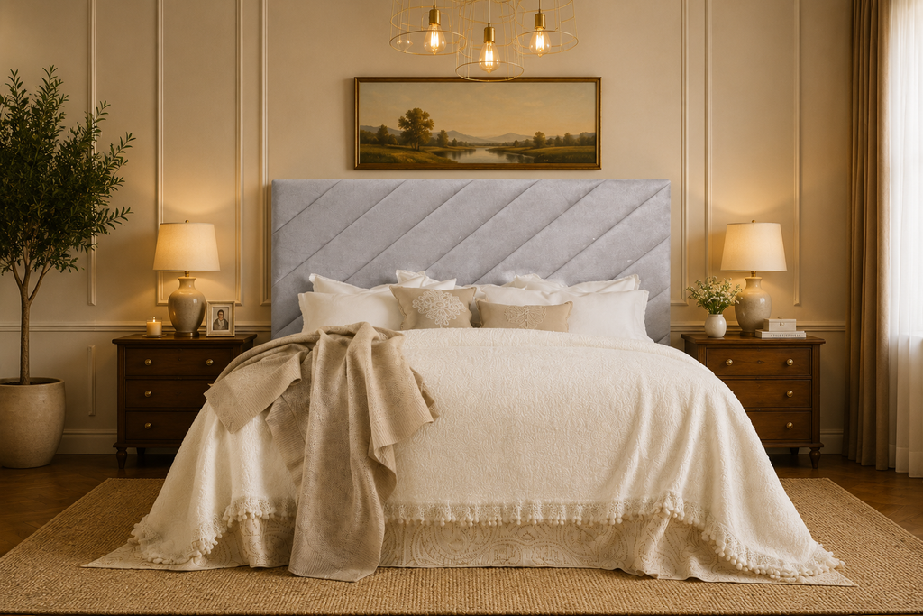 Elegance Soft Furnishing Blush Luxe Velvet Upholstered Headboard with Diagonal Panel Design